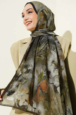 Batik Çiçek Desen Rami Şal Haki - Başörtüsü