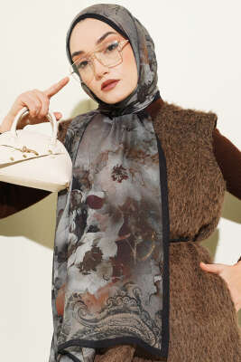 Batik Çiçek Desen Rami Şal Kahve - VERTU (NYD TEKSTİL)