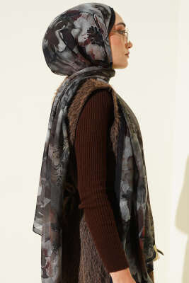 Batik Çiçek Desen Rami Şal Kahve - Başörtüsü