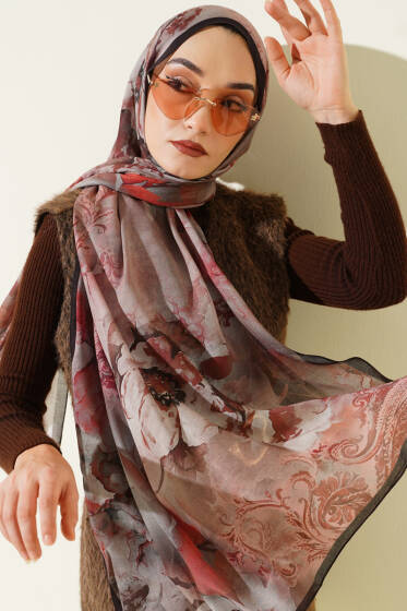 Batik Çiçek Desen Rami Şal Kestane - Başörtüsü