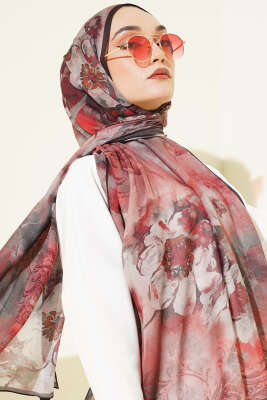 Batik Çiçek Desen Rami Şal Kırmızı - VERTU (NYD TEKSTİL)