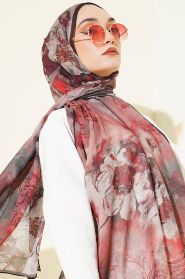 Batik Çiçek Desen Rami Şal Kırmızı - Başörtüsü