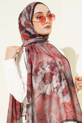 Batik Çiçek Desen Rami Şal Kırmızı - Başörtüsü