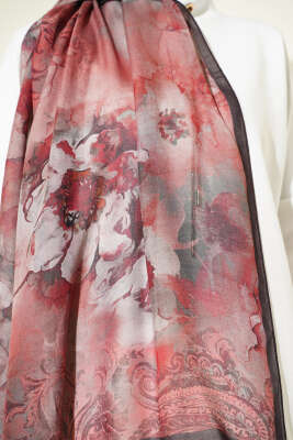 Batik Çiçek Desen Rami Şal Kırmızı - Başörtüsü