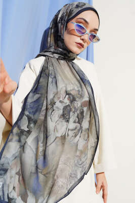 Batik Çiçek Desen Rami Şal Lacivert - Başörtüsü