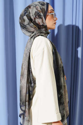 Batik Çiçek Desen Rami Şal Lacivert - Başörtüsü