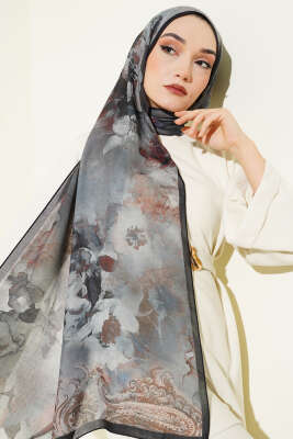 Batik Çiçek Desen Rami Şal Mavi - Başörtüsü