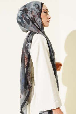 Batik Çiçek Desen Rami Şal Mavi - Başörtüsü