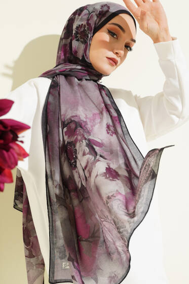 Batik Çiçek Desen Rami Şal Menekşe - Başörtüsü