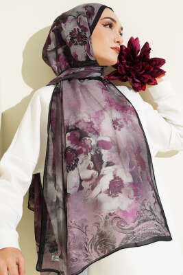 Batik Çiçek Desen Rami Şal Menekşe - Başörtüsü