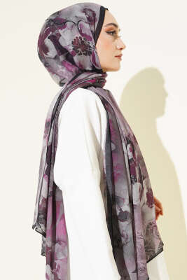 Batik Çiçek Desen Rami Şal Menekşe - Başörtüsü