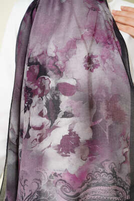 Batik Çiçek Desen Rami Şal Menekşe - Başörtüsü