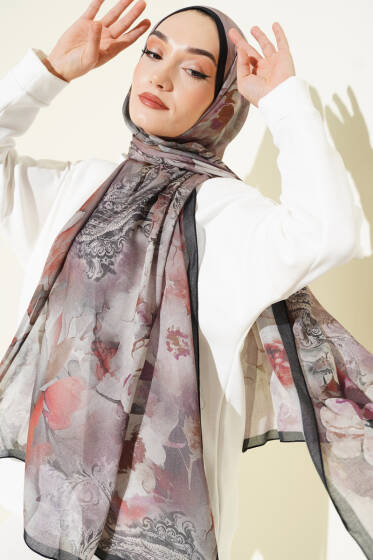 Batik Çiçek Desen Rami Şal Oranj - Başörtüsü