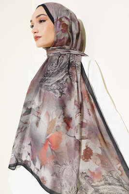 Batik Çiçek Desen Rami Şal Oranj - Başörtüsü