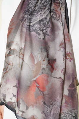 Batik Çiçek Desen Rami Şal Oranj - Başörtüsü