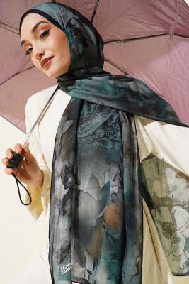 Batik Çiçek Desen Rami Şal Petrol Yeşili - VERTU (NYD TEKSTİL)