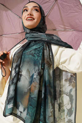 Batik Çiçek Desen Rami Şal Petrol Yeşili - Başörtüsü