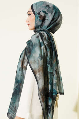 Batik Çiçek Desen Rami Şal Petrol Yeşili - Başörtüsü