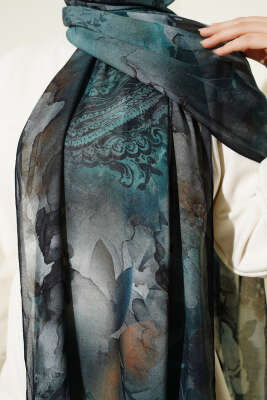 Batik Çiçek Desen Rami Şal Petrol Yeşili - Başörtüsü