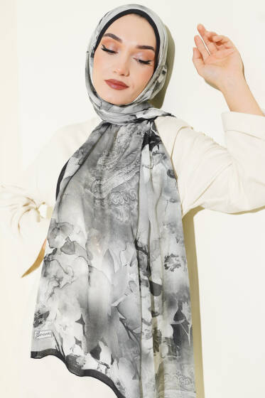 Batik Çiçek Desen Rami Şal Siyah - Başörtüsü