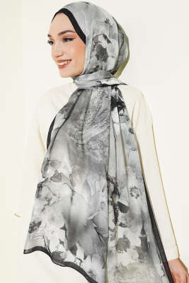 Batik Çiçek Desen Rami Şal Siyah - Başörtüsü