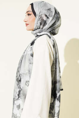 Batik Çiçek Desen Rami Şal Siyah - Başörtüsü