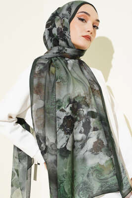 Batik Çiçek Desen Rami Şal Zümrüt - VERTU (NYD TEKSTİL)