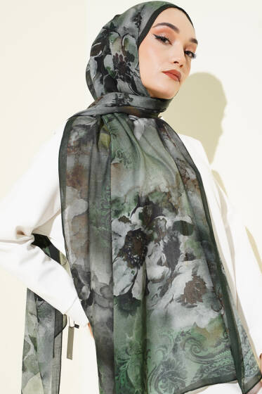 Batik Çiçek Desen Rami Şal Zümrüt - Başörtüsü