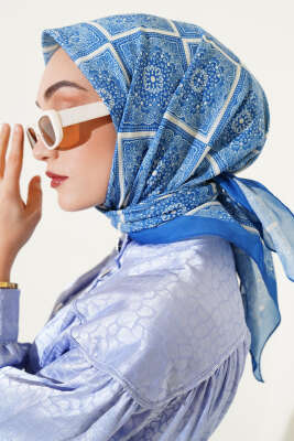 Batik Çini Desen Soft Eşarp İndigo - Başörtüsü