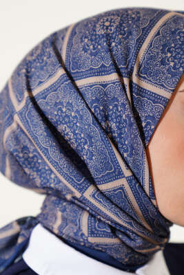 Batik Çini Desen Soft Eşarp Koyu Lacivert - Başörtüsü