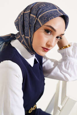 Batik Çini Desen Soft Eşarp Koyu Lacivert - Başörtüsü