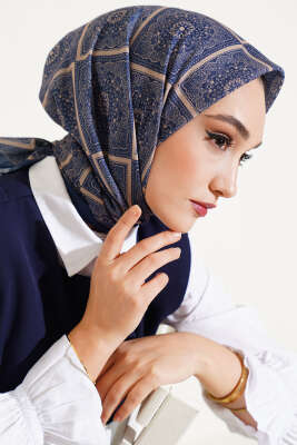 Batik Çini Desen Soft Eşarp Koyu Lacivert 