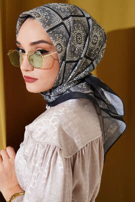 Batik Çini Desen Soft Eşarp Siyah Bej 