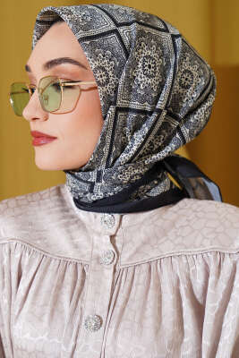 Batik Çini Desen Soft Eşarp Siyah Bej - Başörtüsü