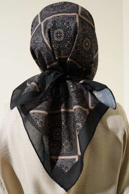 Batik Çini Desen Soft Eşarp Siyah Latte - Başörtüsü