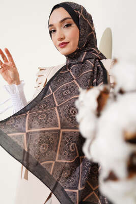 Batik Çini Desen Soft Şal Siyah Latte - Başörtüsü