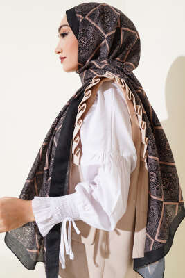 Batik Çini Desen Soft Şal Siyah Latte - Başörtüsü