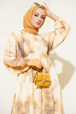 Batik Desen Bel Lastikli Elbise Haki - Tesettür Elbise