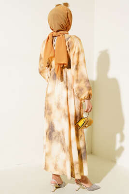 Batik Desen Bel Lastikli Elbise Haki - Tesettür Elbise