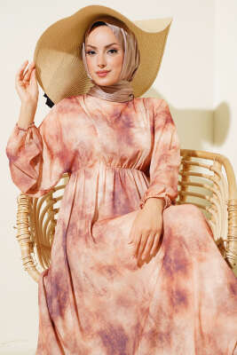 Batik Desen Bel Lastikli Elbise Kahve - Tesettür Elbise