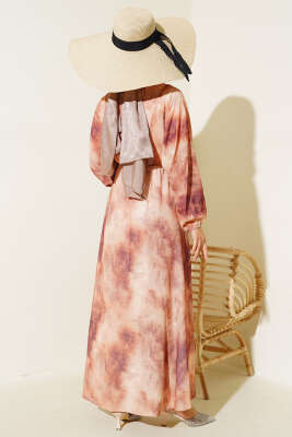 Batik Desen Bel Lastikli Elbise Kahve - Tesettür Elbise