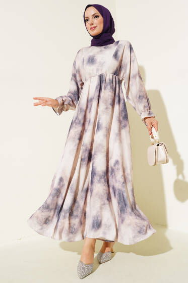 Batik Desen Bel Lastikli Elbise Lacivert - Elbise