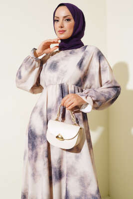 Batik Desen Bel Lastikli Elbise Lacivert - Tesettür Elbise