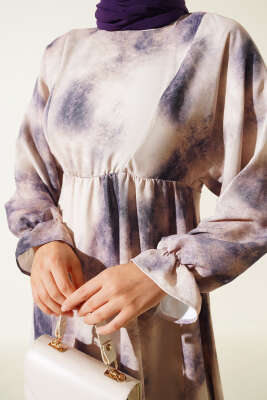 Batik Desen Bel Lastikli Elbise Lacivert - Tesettür Elbise