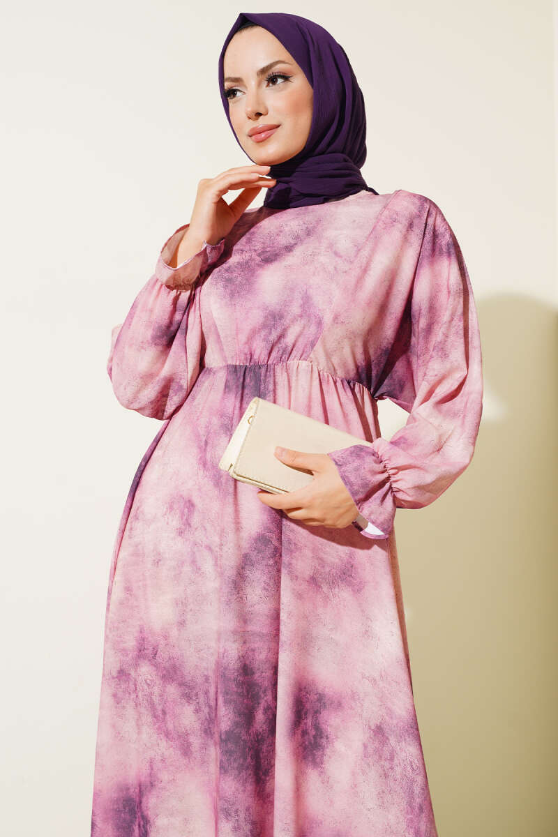 Batik Desen Bel Lastikli Elbise Menekşe