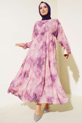 Batik Desen Bel Lastikli Elbise Menekşe - Tesettür Elbise