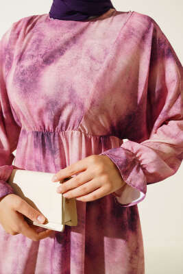 Batik Desen Bel Lastikli Elbise Menekşe - Tesettür Elbise