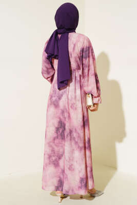 Batik Desen Bel Lastikli Elbise Menekşe - Tesettür Elbise