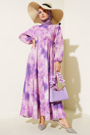 Batik Desen Bel Lastikli Elbise Mor - Tesettür Elbise