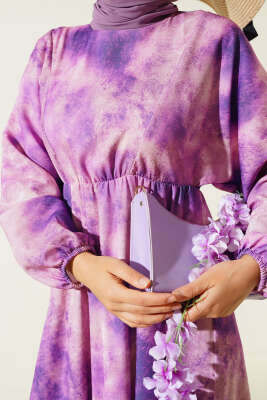 Batik Desen Bel Lastikli Elbise Mor - Tesettür Elbise